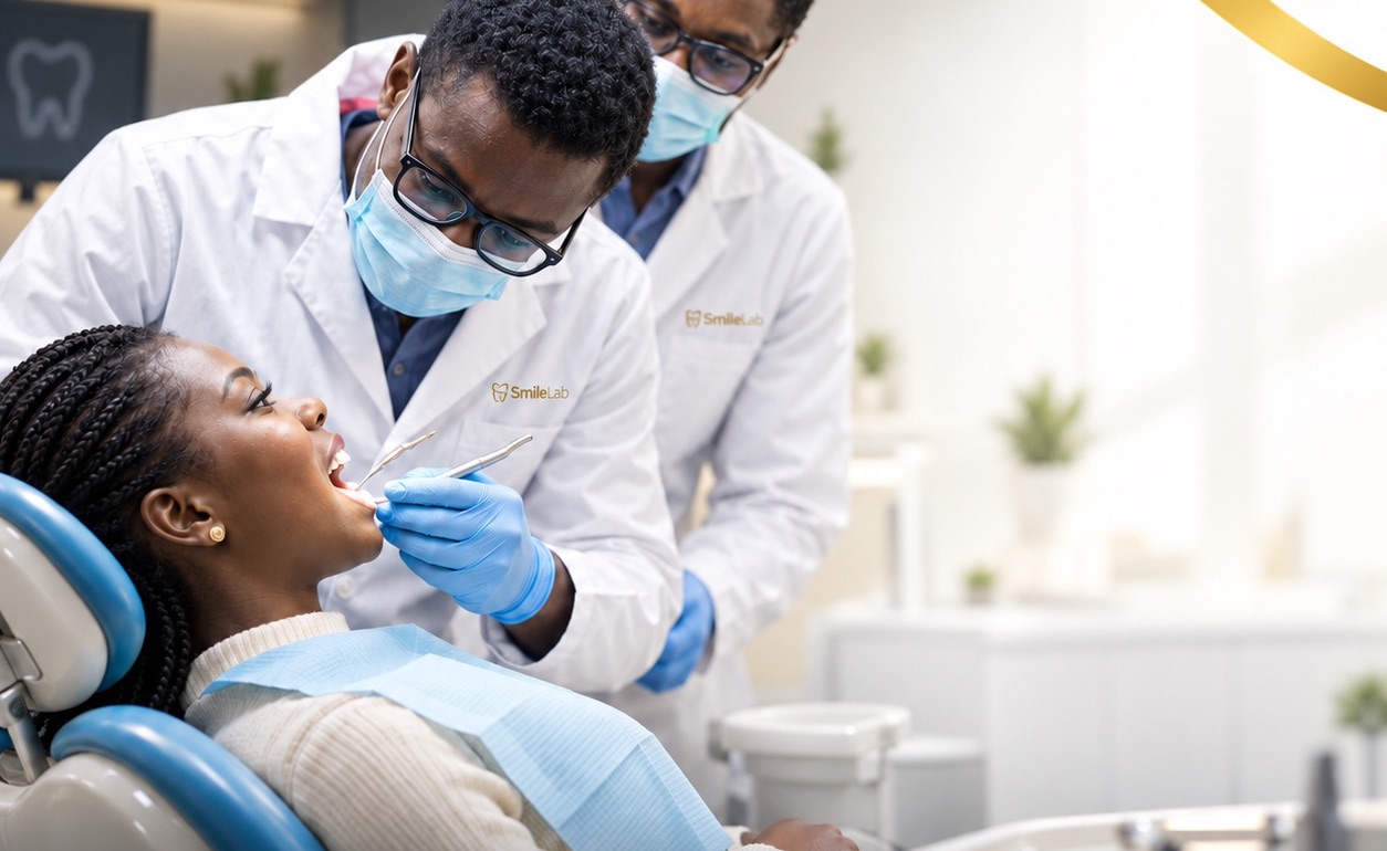 Equipa da SmileLab Clínica Dentária em consulta com uma paciente